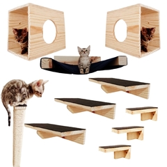Playground para gatos com 10 peças, incluindo caixas de madeira, prateleiras e arranhadores, com gatos brincando.