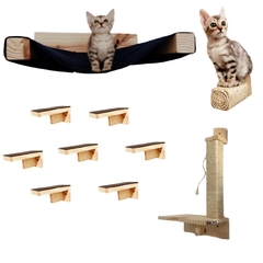 Conjunto de playground para gatos com 10 peças, incluindo prateleiras de madeira e um gato brincando.