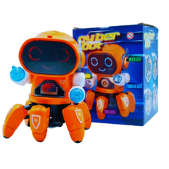 Robô dançarino Cyber Bot na cor laranja, com olhos sorridentes e luzes azuis, ao lado de sua caixa.
