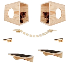 Playground para gatos com 7 peças, incluindo nichos de madeira e plataformas para brincadeiras.