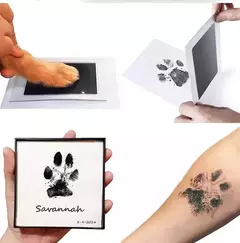 Almofada de impressão não tóxica para capturar a impressão da pata de um cachorro, mostrando o processo de uso e resultados.