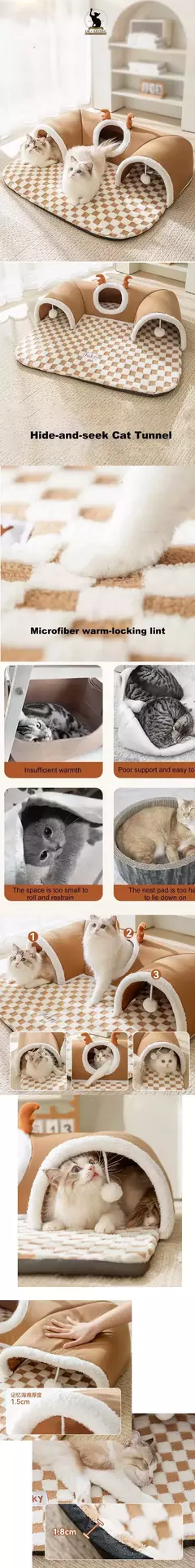 Túnel cama para gatos ou coelhos com design aconchegante e áreas de descanso.