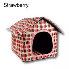 Casinha para pets à prova d'água com estampa de morangos, ideal para cães e gatos.