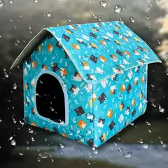 Casinha para pets à prova d'água, com estampa colorida de gatos e cachorros.