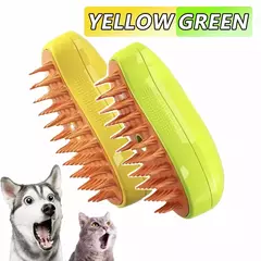 Escova vapor elétrica para cães e gatos na cor amarelo e verde, com pulverizador para massagem e banho.
