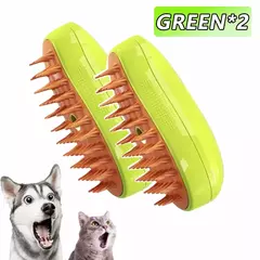 Escova vapor elétrica para cães e gatos, com cabeçote massageador e design em verde e laranja.