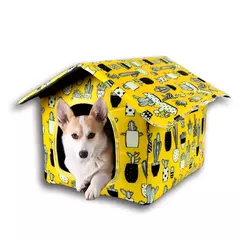 Casinha para pets à prova d'água, com design colorido e estampa de cactos, abrigando um cão da raça Corgi.