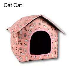 Casinha para pets à prova d'água, ideal para cães e gatos, com estampa de gatos em fundo rosa.