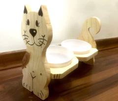 Comedouro duplo para gatos em formato de gato feliz, com tigelas brancas e base de madeira