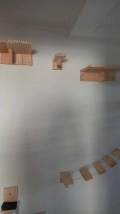 Playground vertical para gatos, composto por prateleiras de madeira em diferentes alturas e formas, ideal para enriquecer o ambiente do seu pet.