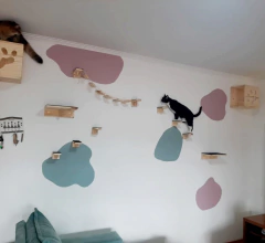 Dois gatos brincando em um playground vertical para gatos, com prateleiras de madeira fixadas na parede e decoração em tons pastel.