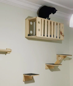 Playground para gatos Nala com prateleiras e caixa de descanso na parede, ideal para gatificação.