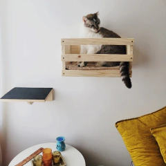 Gato sentado em um playground de madeira na parede, com uma prateleira ao lado e objetos decorativos em uma mesa. berço para gatos