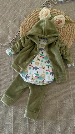 Conjunto verde de polar con Campera, babucha y body de algodón