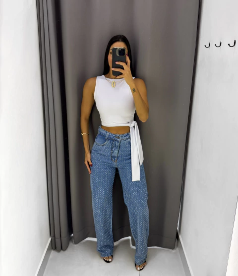 Calça Wide Leg Strass Jeans
