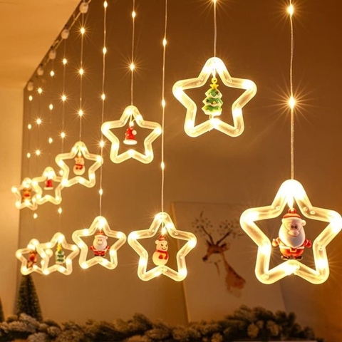 LUCES CORTINA CON FORMA DE ESTRELLA CON MUÑECOS NAVIDEÑOS