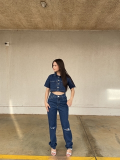 CAMISA JEANS CROPPED OVERSIZE FEMININA COM BOLSOS PATCH - Dameda