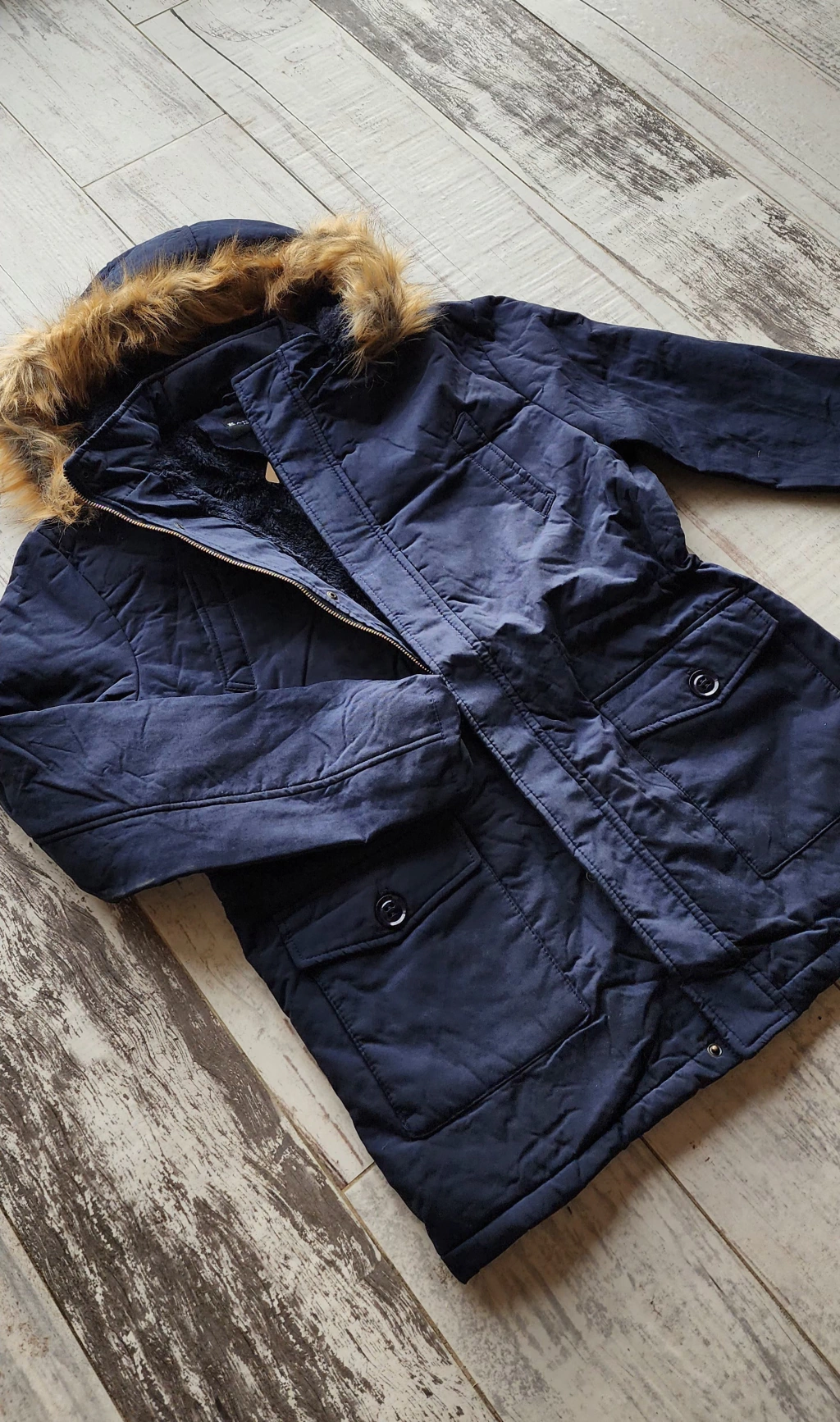 Parka De Gabardina Con Piel Sintético Interior Azul