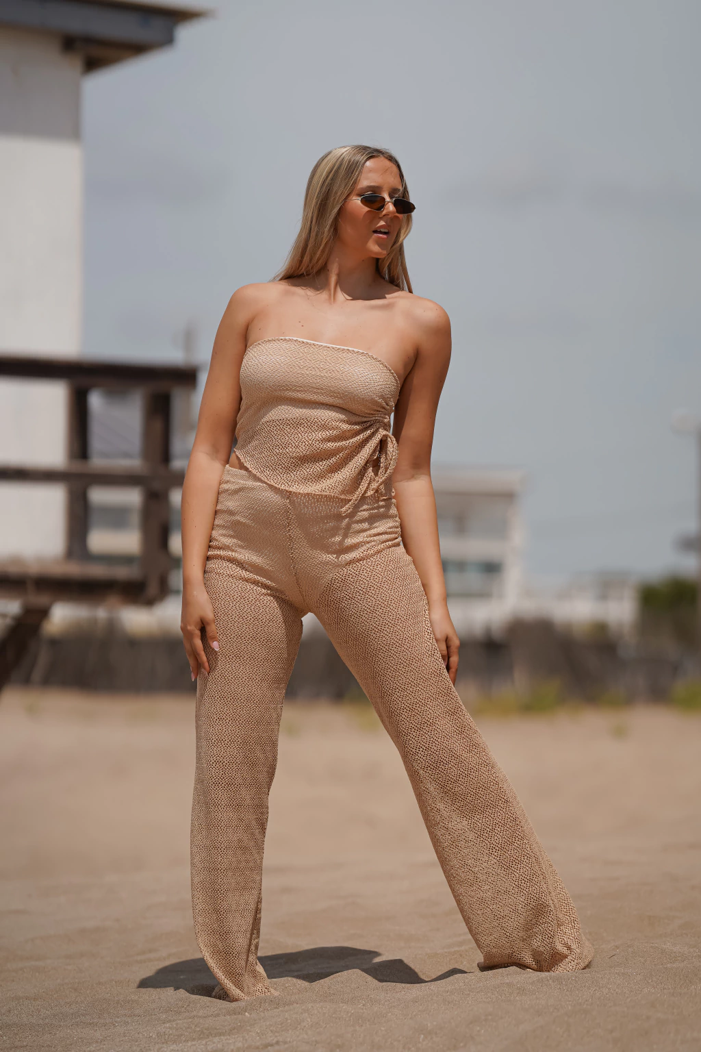 Conjunto De Pantalón Largo Más Top De Hilo Beige