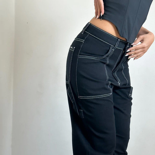 Jean Cargo Costura Blanca Pantalón Mujer Wide Leg