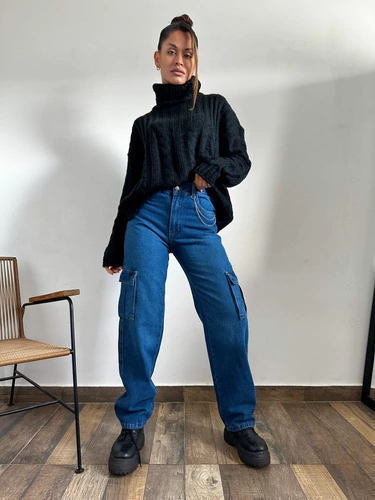 Pantalón Jean Wide Leg Cargo Rígido Con Cadena Moda Mujer
