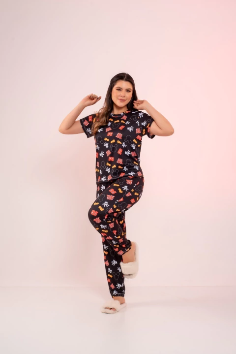 Pijama Baby Doll Calça Manga Curta Personagens Mickey Luvas