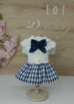 Vestido Malha Jacquard/ Saia Pied Poule Azul Branca - comprar online
