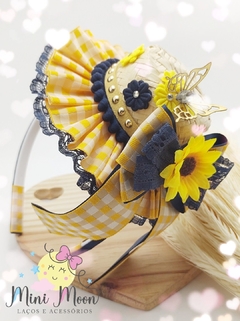 Tiara Junina Luxo Coleção Arraiá Da Moon (Tons em Xadrez Amarelo e Azul Marinho)