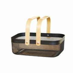 Organizador Canasto Cesto Alacena Cocina Metal Negro con asa rebatible Madera 24x34x10cm