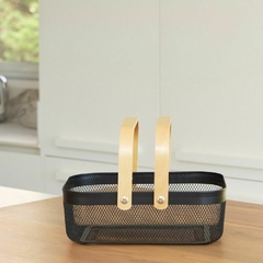 Organizador Canasto Cesto Alacena Cocina Metal Negro con asa rebatible Madera 24x34x10cm - comprar online