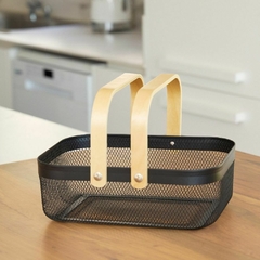 Organizador Canasto Cesto Alacena Cocina Metal Negro con asa rebatible Madera 24x34x10cm - tienda online