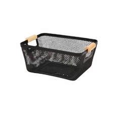 Organizador Canasto Cesto Alacena Cocina Metal Madera Negro Chico 23x27x10cm