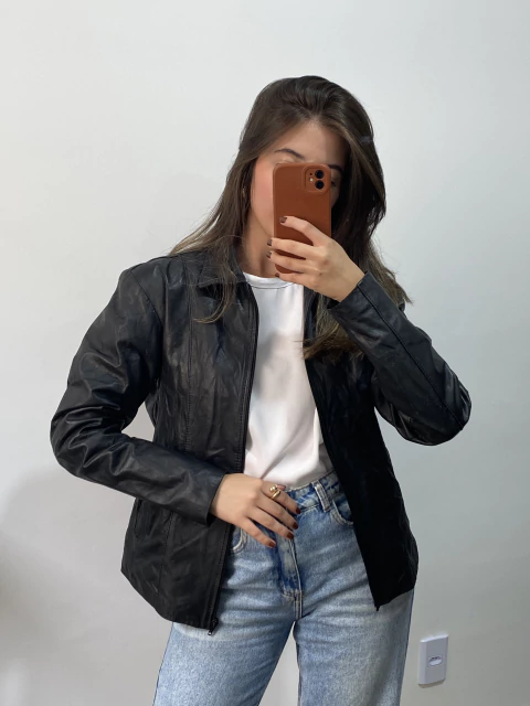 Jaqueta preta couro legítimo M - comprar online