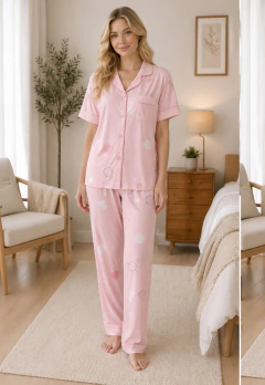 Imagem do Pijama Americano Feminino 3 Peças Camisa Manga Curta, Calça e Short