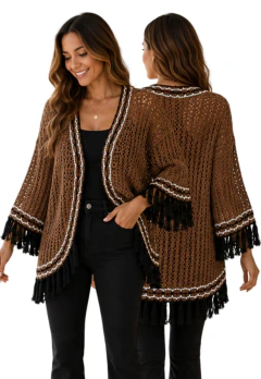 Cardigan Feminino Tricô Vazado com Franjas e Manga Ampla - loja online