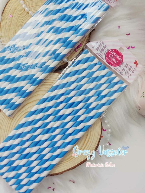 CANUDO DE PAPEL LISTRADO AZUL CLARO 6MMX200MM - 12 UNIDADES - MAKE MAIS