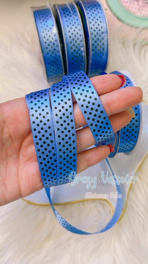 Fita de cetim azul claro com Poá 10 metros - 15mm