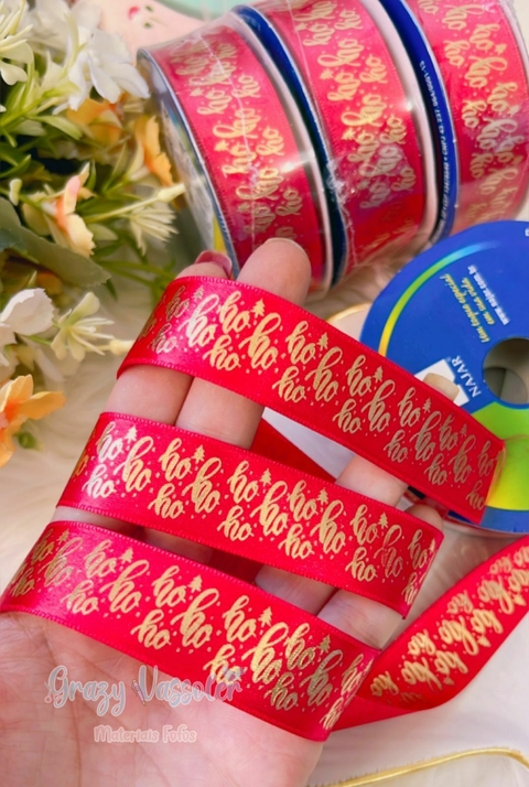 Fita de cetim Estampada Ho Ho Ho 10 metros - 22mm