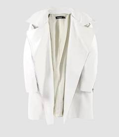 Jaqueta de Couro Branco Longa Feminina Tipo Sobretudo Com Fecho de Cinto - loja online