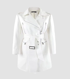 Jaqueta de Couro Branco Longa Feminina Tipo Sobretudo Com Fecho de Cinto - Clube das Coisas - Tudo para Você ficar mais Linda e Sexy