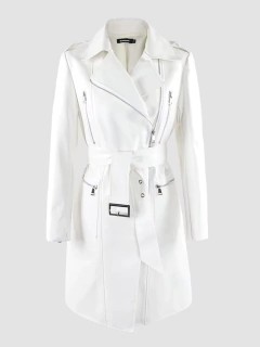 Jaqueta de Couro Branco Longa Feminina Tipo Sobretudo Com Fecho de Cinto na internet