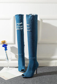 Imagem do Botas Jeans Femininas Acima da Coxa, Bota de Jeans de Salto Alto Ashiley.