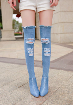 Botas Jeans Femininas Acima da Coxa, Bota de Jeans de Salto Alto Ashiley. - loja online
