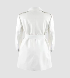 Jaqueta de Couro Branco Longa Feminina Tipo Sobretudo Com Fecho de Cinto - loja online