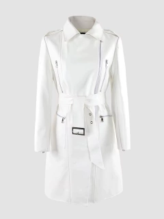 Imagem do Jaqueta de Couro Branco Longa Feminina Tipo Sobretudo Com Fecho de Cinto