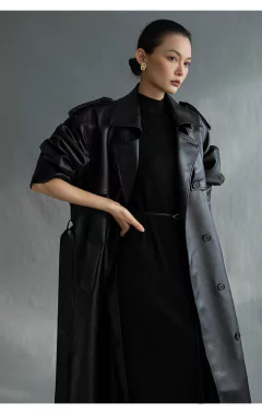 Sobretudo Extra Longo de Couro Tendência Milã.