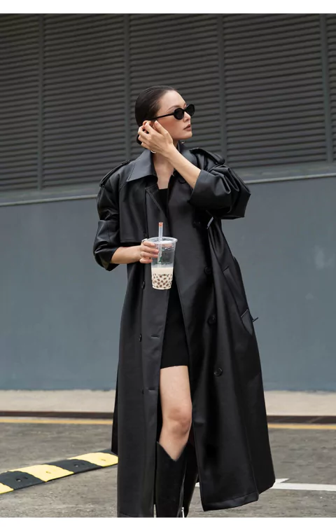 Sobretudo Extra Longo de Couro Tendência Milã.