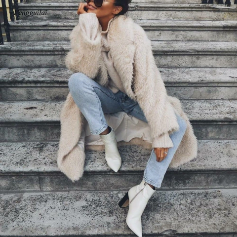 Casaco Longo de Pelúcia, Sobretudo Feminino de Lã de Cordeiro Destiny.