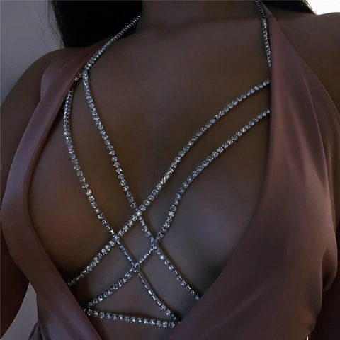 Corrente Mandy para Corpo Dupla com Strass, Jóias Sexy, Colar de Corpo Body Chain.