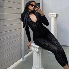 Macacões Sensuais Hilary com Estampa de Leopardo Transparente, Macacão sexy.